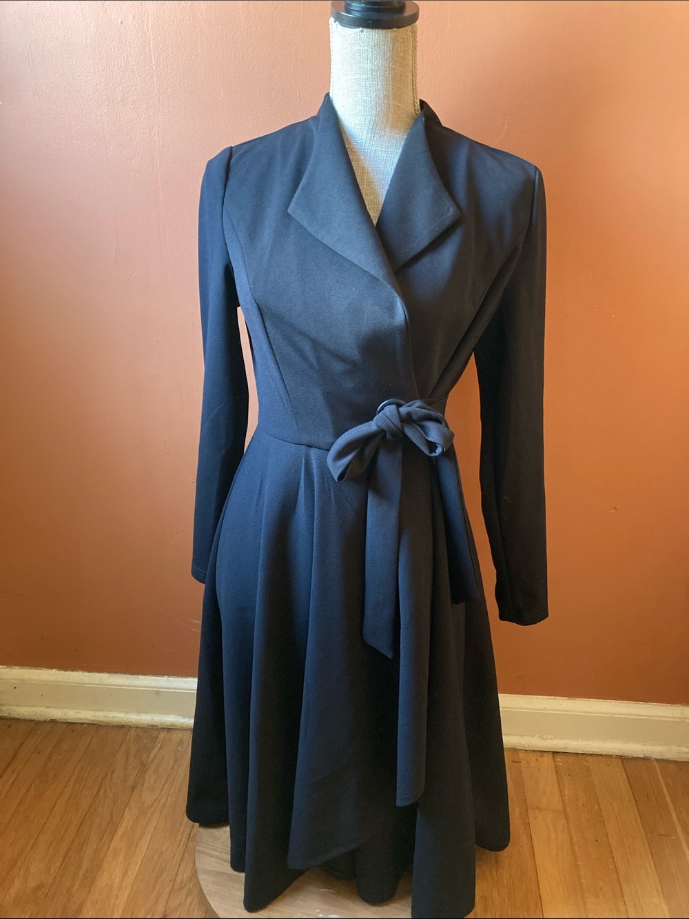 Ke Ke Classic Black Wrap Midi Dress with Tie Waist